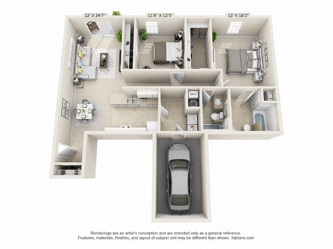 Floor plan for 2 beds, 2 baths, 1110 sqft